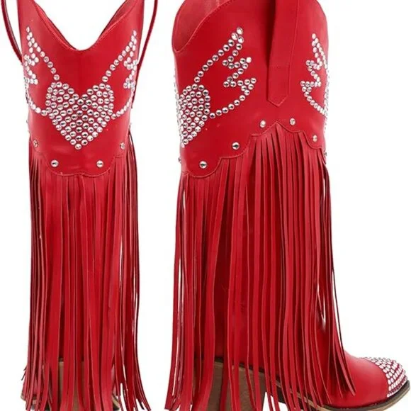 Cowboy Boots for Women Red Cowgirl Boots with Fringe Rhinestone Hearts - Picture 5 of 5